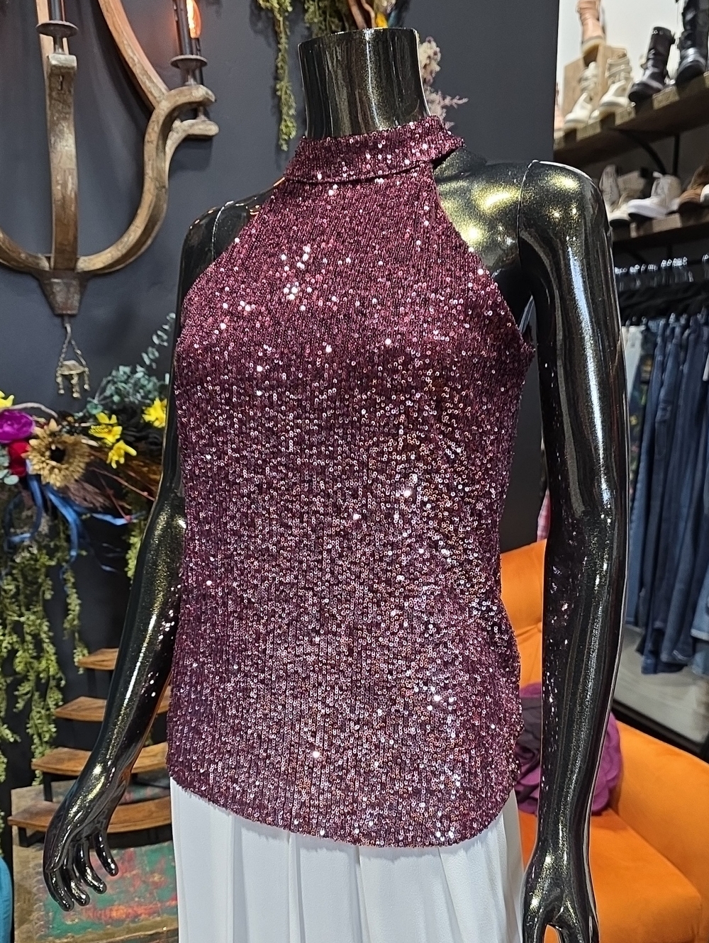 Cable & Gauge Wine Sequin Halter Top